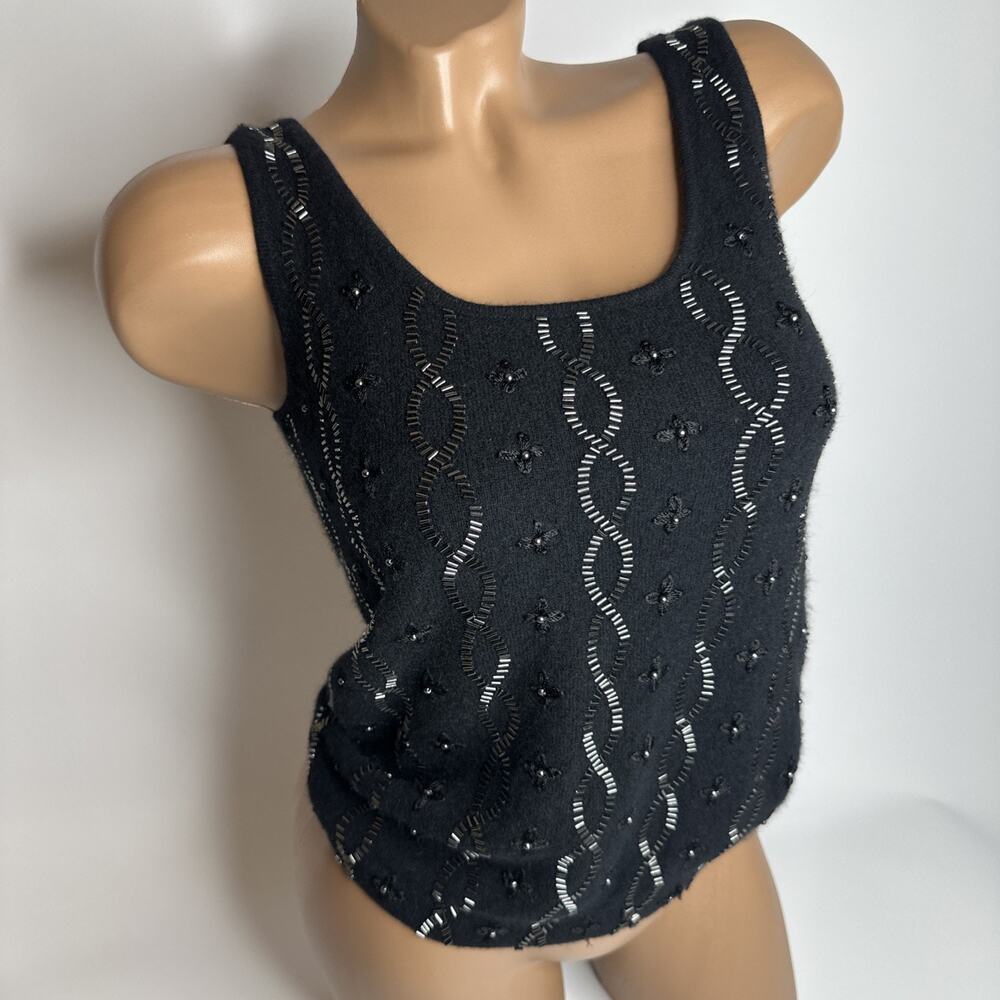 VTG White + Warren Womens Cashmere Small Black Beaded Tank Top Knitwear Y2K